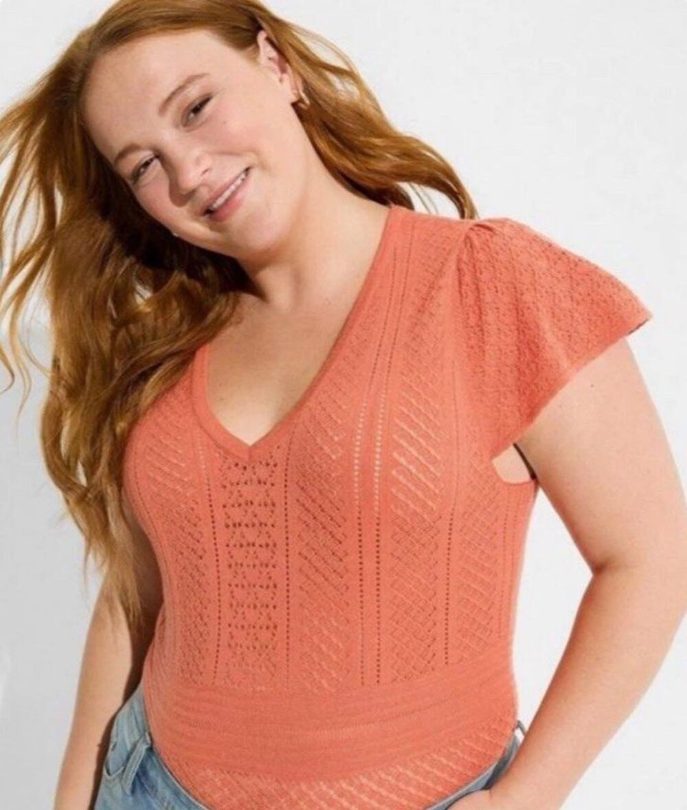 Torrid Everyday Soft Pointelle Knit Top V-Neck Apricot - Size 00 (M/L)